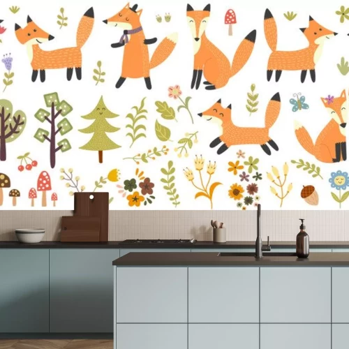 Sticker Big set of cute foxes, trees and plants. Forest elements collection