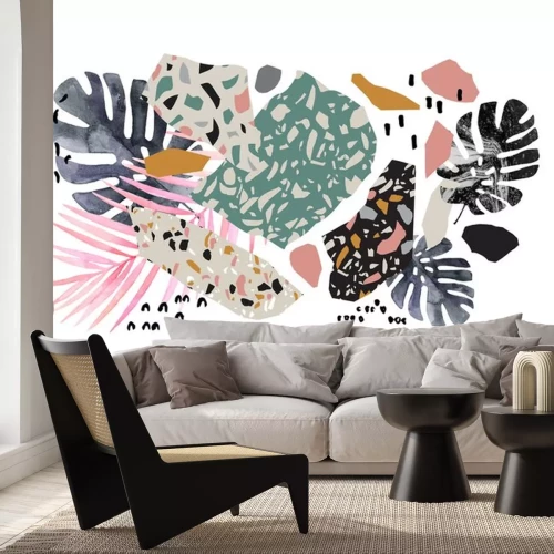 Sticker Tropical watercolor leaves, turned edge geometric shapes, terrazzo flooring elements collage