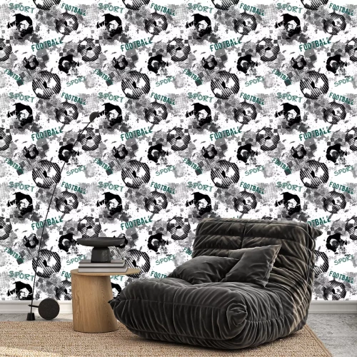 Behang Abstract seamless football pattern for boys. Sport football pattern. Grunge sport urban backdrop with football ball. Sport wallpaper on black background with multicolor spots. Repeated pattern.