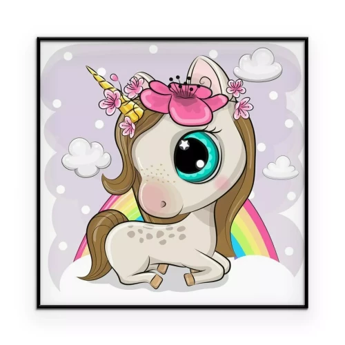 Poster Cartoon eenhoorn met regenboogachtergrond
