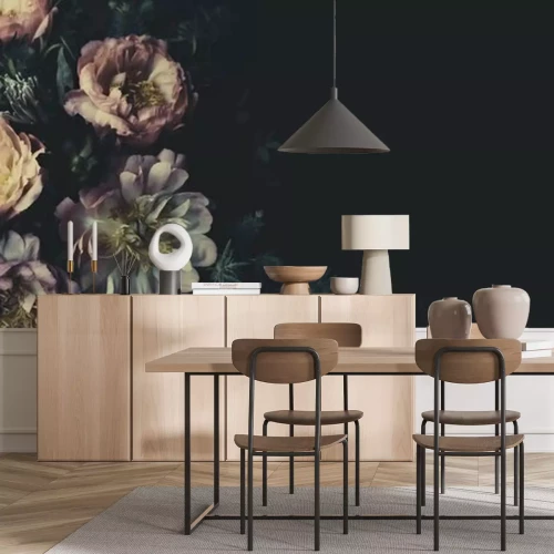 Fotobehang Pastel vintage pioenrozen op een zwarte achtergrond