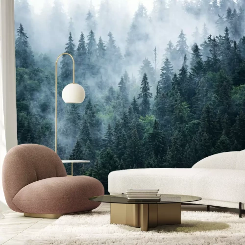 Fotobehang Donkergroene naaldbomen