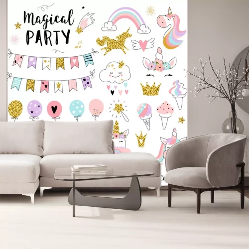 Sticker Eenhoorns ballonnen ijs regenboog feestafbeeldingen