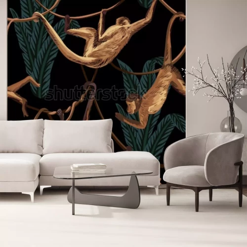 Sticker hanging monkeys in the jungle seamless background