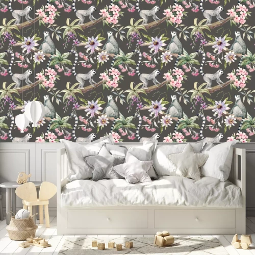 Behang Maki's en bloemen op een grijze achtergrond