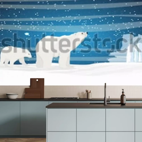 Sticker The white bear and her cub bear walks through the snow. Mother and child. The glacier, snow-covered plains. Starry night in the North. Landscapes of the Arctic.