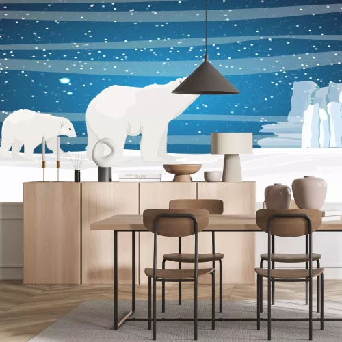 Sticker The white bear and her cub bear walks through the snow. Mother and child. The glacier, snow-covered plains. Starry night in the North. Landscapes of the Arctic.