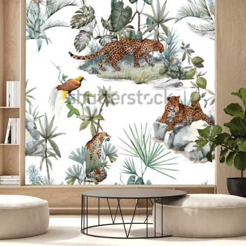 Sticker Watercolor tropical pattern with a leopard animal, a wild leopardle walking through the jungle, a leopard with a cub lying on the beds. Birds of Paradise on the tree. Palm tree and Monsterra plant. 
