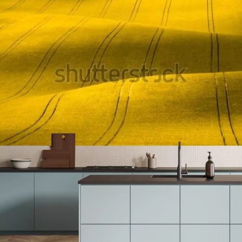 Fotobehang Lentelandschap met geel koolzaadveld in de natuur