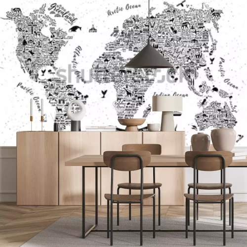 Sticker Typography World Map. Travel  Poster with cities and sightseeing attractions. Inspirational Vector Illustration.