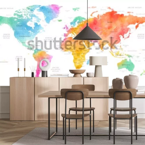 Sticker High detailed Multicolor Watercolor World Map Illustration with borders, oceans and countries on white Background, Side View.