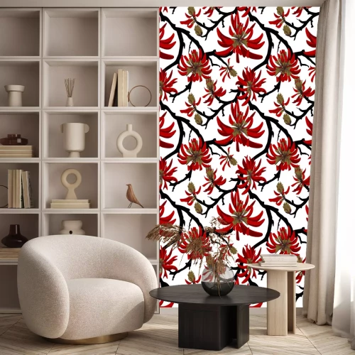 Behang Red flowers on white background. Blooming coral tree. Seamless pattern