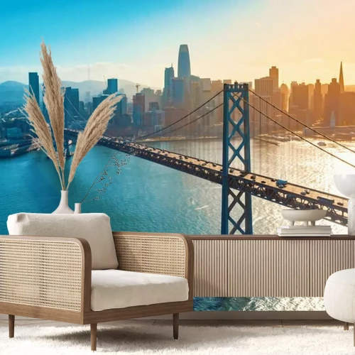 Fotobehang San Francisco Bridge op de achtergrond van de stad