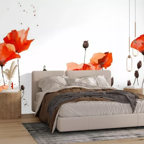 Sticker Watercolor pattern with wild red poppies on white background.