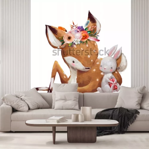 Sticker Fawn in een krans naast een wit konijntje