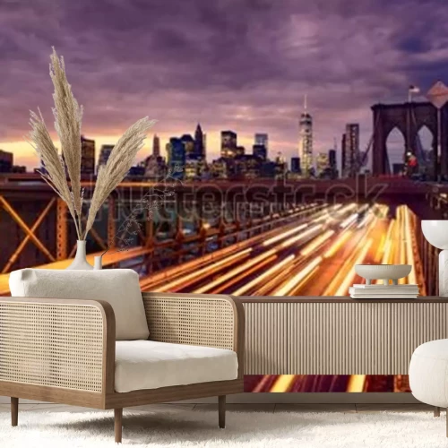 Fotobehang Night car traffic on Brooklyn Bridge in New York City