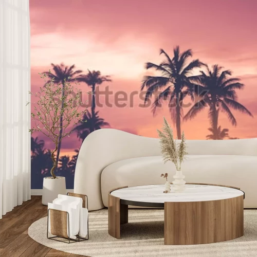 Fotobehang Tropische palmbomen bij zonsondergang