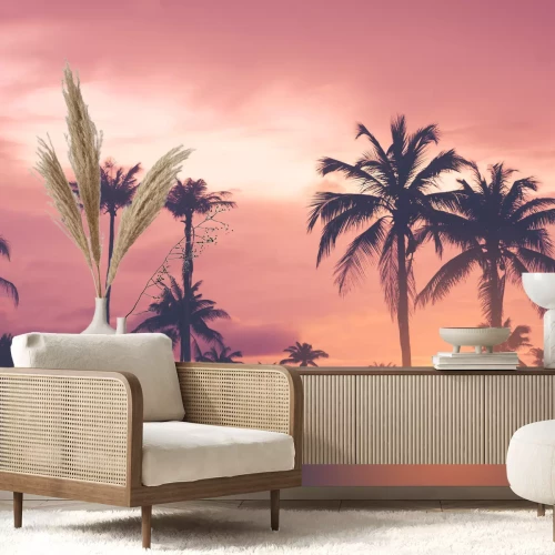 Fotobehang Tropische palmbomen bij zonsondergang