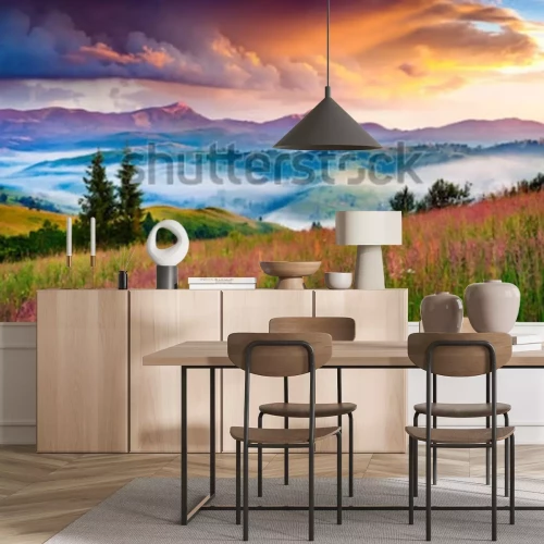 Fotobehang Bergen in nevel en landschap