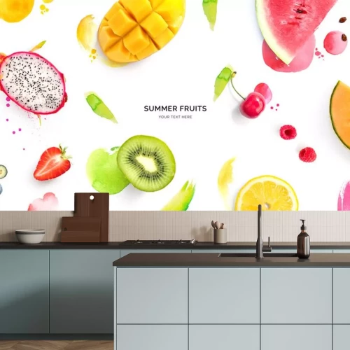 Sticker Creative layout made of dragonfruit, melon, watermelon, cherry, kiwi, strawberry, mango on the watercolor background. Flat lay. Food concept.
