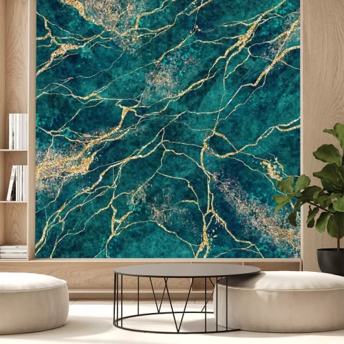 Fotobehang Geel haar op groen marmer