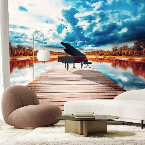 Sticker Piano en la naturaleza.Paisaje surreal de arboles y lago.Concepto de música relajada y tranquila de piano
