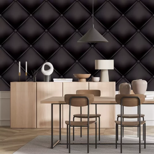 Sticker Black leather upholstery pattern texture background. Vector vintage royal sofa leather upholstery with buttons seamless pattern