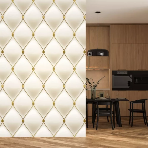 Sticker Quilted seamless pattern. Cream color. Golden metallic stitching on textile.