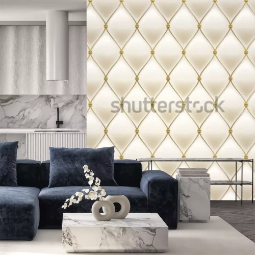 Sticker Quilted seamless pattern. Cream color. Golden metallic stitching on textile.