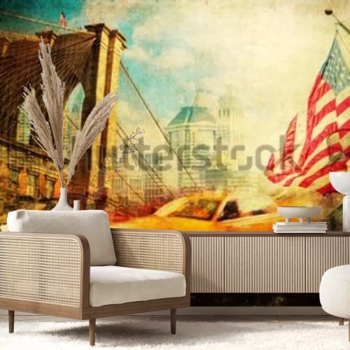 Fotobehang vintage style collage of New York city symbols