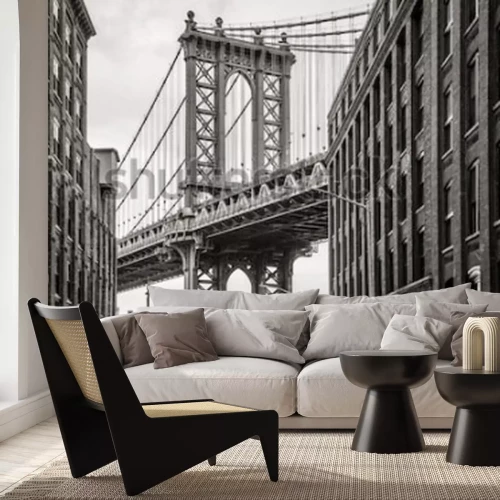 Fotobehang New York City uitzicht op de brug door het raam