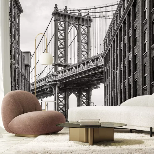 Fotobehang New York City uitzicht op de brug door het raam