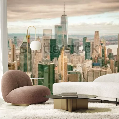 Fotobehang Helicopter view of Downtown Manhattan skyscrapers, New York City.