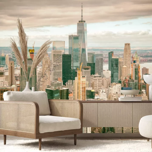 Fotobehang Helicopter view of Downtown Manhattan skyscrapers, New York City.