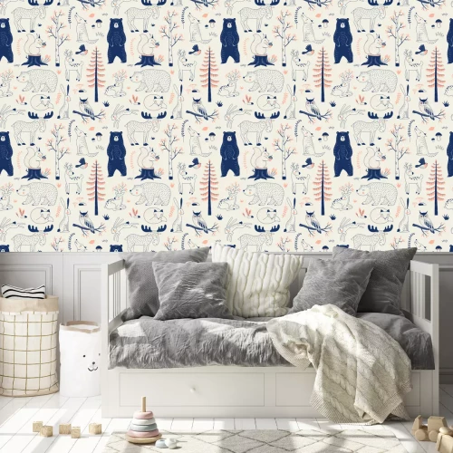 Behang Autumn Forest seamless vector pattern. Woody landscape with Bear Deer Hare Wolf Moose Fox Owl Squirrel creatures repeatable background. Woodland childish print in Scandinavian decorative style. Cute