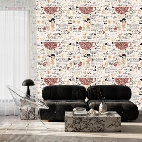 Behang Vector seamless pattern on tea and coffee theme in retro style. Various coffee and tea sketches, blots and inscriptions on a background of old manuscript. Can be used as wallpaper or wrapping paper