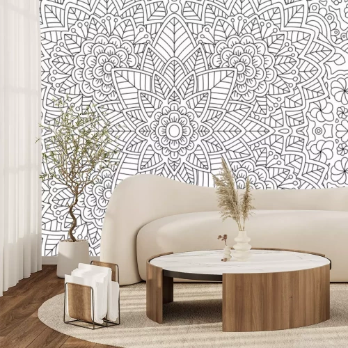 Sticker Zwart-witte bloemenafbeeldingen die op een mandala lijken