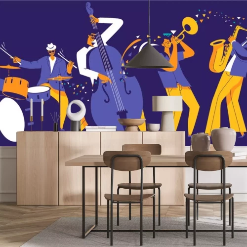 Sticker Jazz quartet. Musicians with abstract music wave on dark blue background.