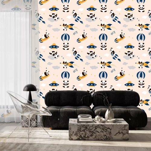 Behang Childish seamless panda pattern with hand drawn space elements space, rocket, star, ufo, parachute. Cute bear flying in sky  nursery , unusual wrapping paper. Scandinavian style decorative print
