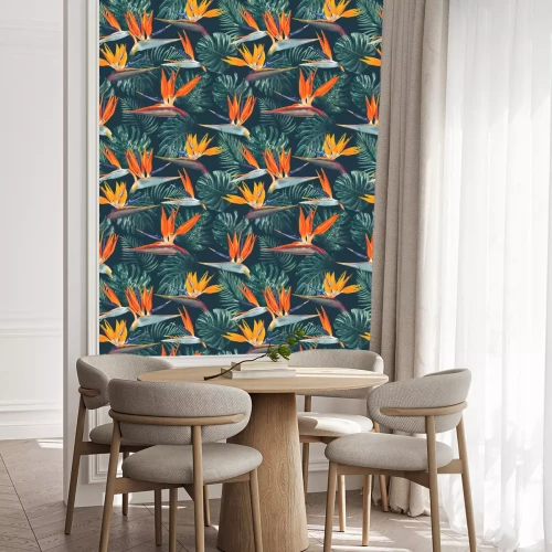 Behang Seamless pattern with tropical flowers and leaves. Strelitzia flowers, Monstera and Palm leaves. Realistic style, hand drawn, vector. Background for prints, fabric, wallpapers, poster, wrapping paper.