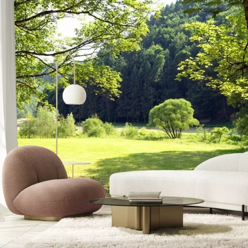 Fotobehang Weide en groene bomen