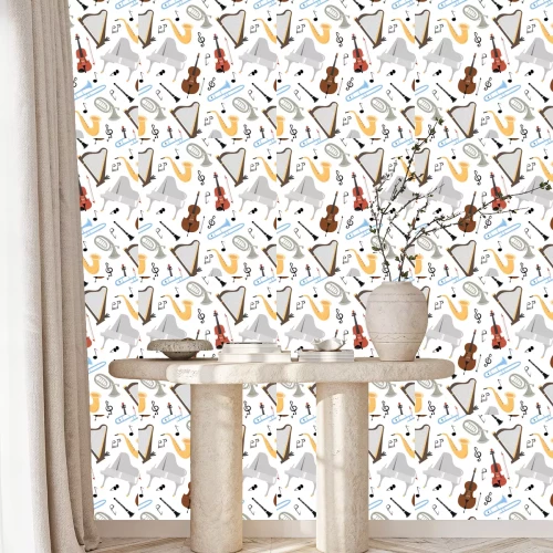 Behang Seamless pattern with musical instruments on the white background.
