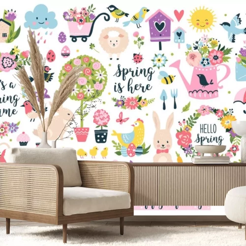 Sticker Een verzameling kleurrijke, vrolijke afbeeldingen geïnspireerd op de lente