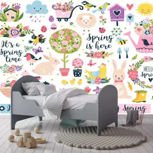 Sticker Een verzameling kleurrijke, vrolijke afbeeldingen geïnspireerd op de lente