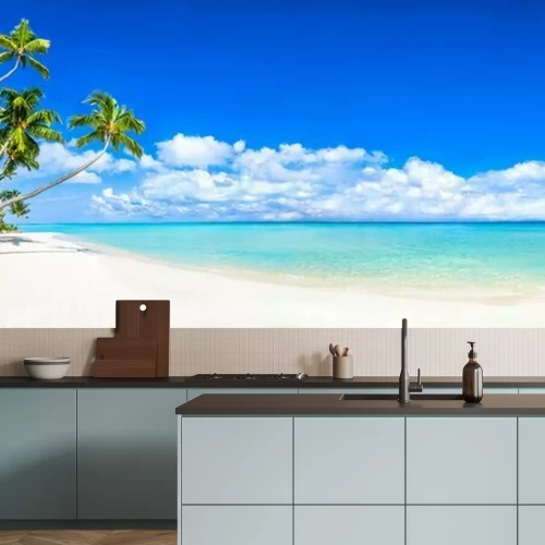 Fotobehang Een prachtig tropisch eiland met palmbomen en een turquoise zee