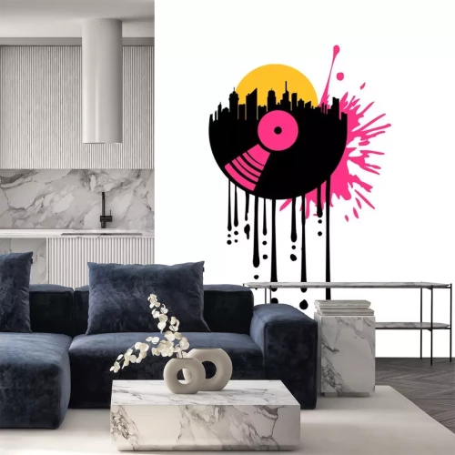 Sticker tropfen graffiti spritzer sonne club vinyl stadt city silhouette wolkenkratzer hochhäuser großstadt musik party auflegen platte spielen tanzen disko mischpult cool logo design dj discjockey