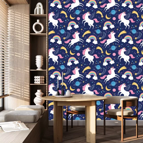 Behang Nachtelijke hemel met eenhoorns en regenbogen