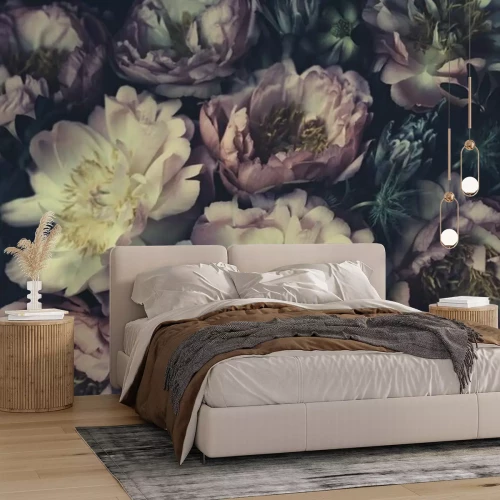 Fotobehang Kleurrijke pioenrozen op een vintage achtergrond