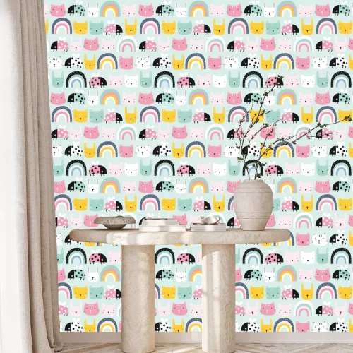 Behang Kleurrijke kattengezichten regenbogen en lieveheersbeestjes