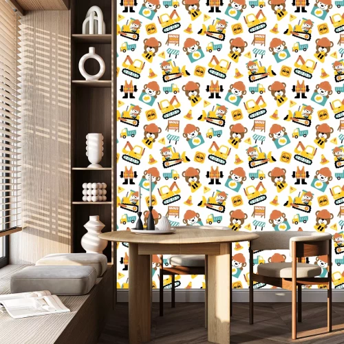 Behang Seamless pattern of construction vehicle cartoon with funny animals woorker